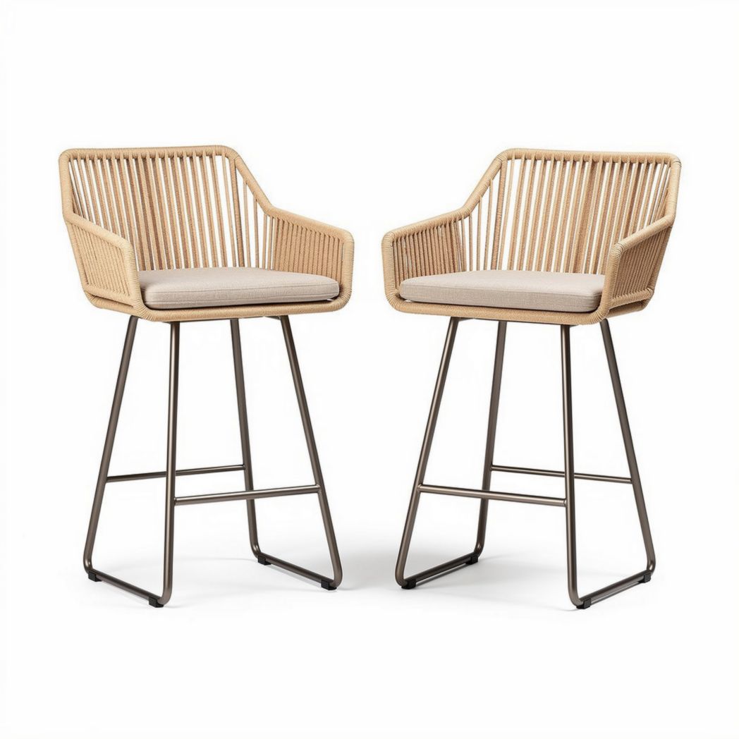 Cadeiras de bar em rattan com estrutura metálica e assento em tecido 55 x 50 x 100cm