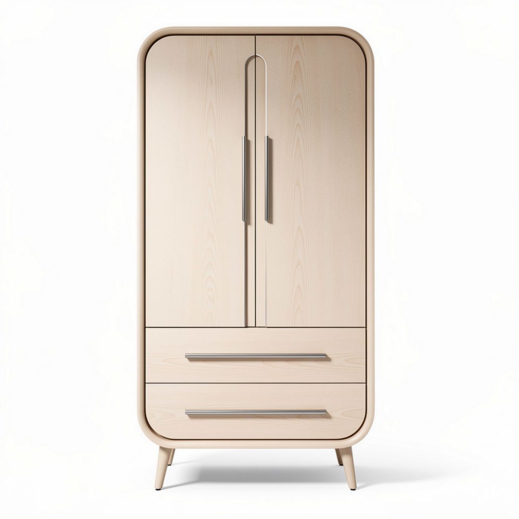 Guarda-roupa de madeira clara com duas portas e dois gavetões 180 x 80 x 45cm
