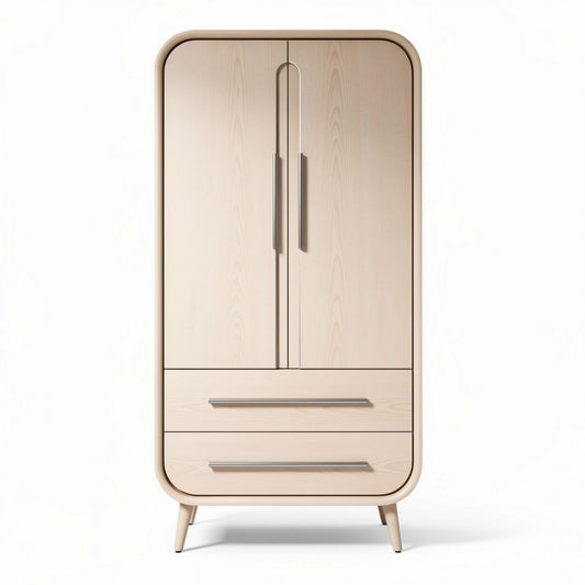 Guarda-roupa de madeira clara com duas portas e dois gavetões 180 x 80 x 45cm
