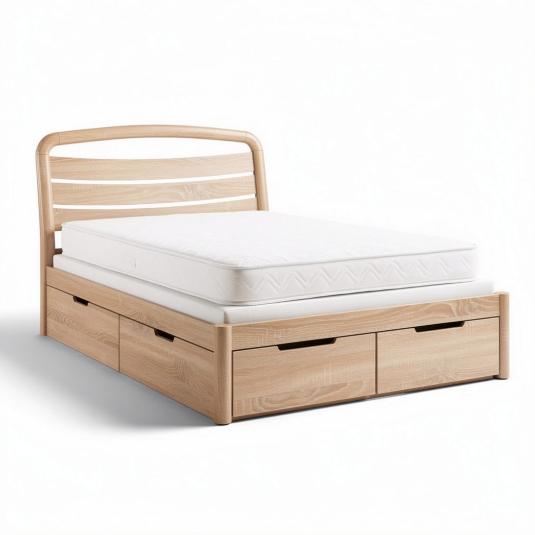 Cama de madeira com gavetas no tamanho 200 x 160 x 100cm em cor clara