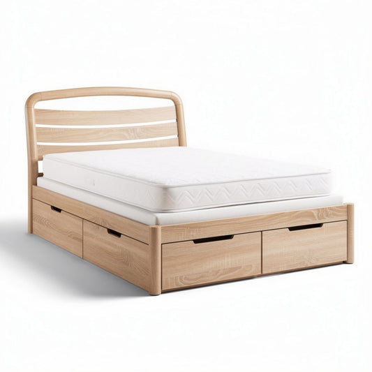 Cama de madeira com gavetas no tamanho 200 x 160 x 100cm em cor clara