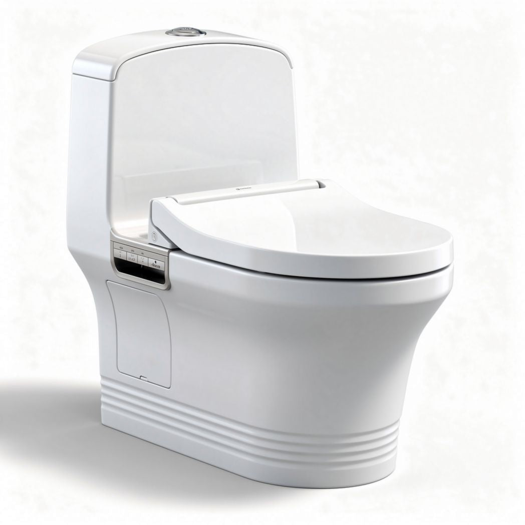 Vaso sanitário branco com bidê embutido e dimensões de 60 x 38 x 40cm