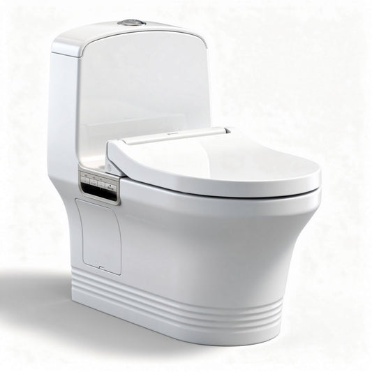 Vaso sanitário branco com bidê embutido e dimensões de 60 x 38 x 40cm