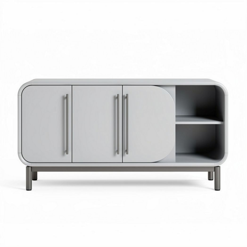 Móvel de TV em madeira cinza com prateleiras e portas 120 x 45 x 60cm